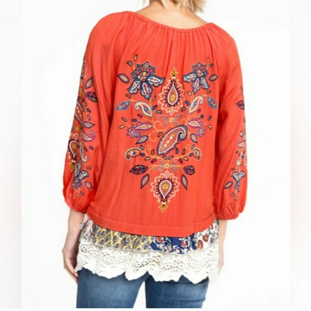 John Mark Boho Coral Embroidered Top Tunic Size L - Picture 3 of 8